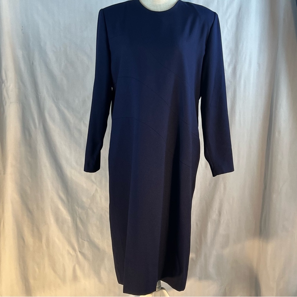 Henry Lee Dress Vintage Blue Long Sleeve Round Neck Sheath Made in USA 14P👍